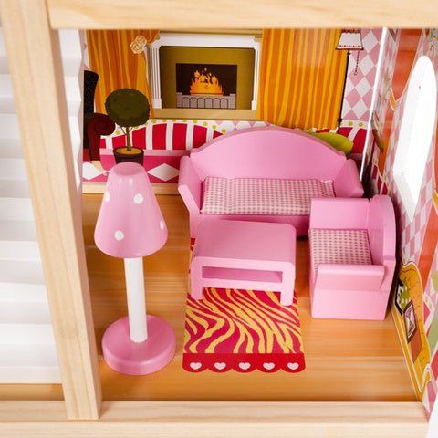 Houten Poppenhuis XXL – 90 cm, 3 Verdiepingen, Zwembad, LED-verlichting! - Kruzzel