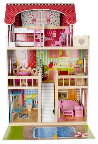Houten Poppenhuis XXL – 90 cm, 3 Verdiepingen, Zwembad, LED-verlichting! - Kruzzel
