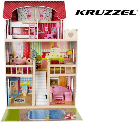 Houten Poppenhuis XXL – 90 cm, 3 Verdiepingen, Zwembad, LED-verlichting! - Kruzzel