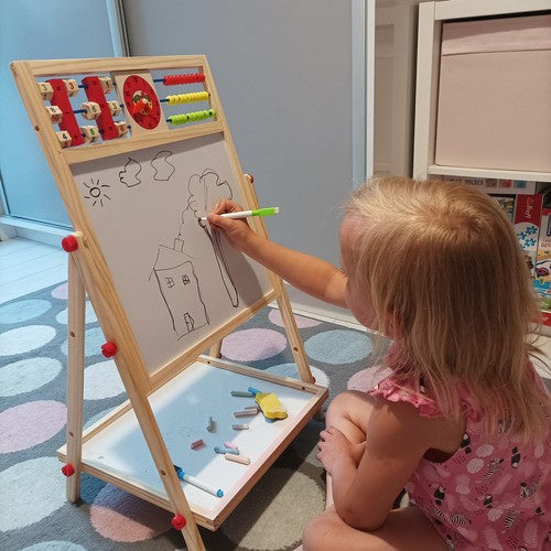 Houten Dubbelzijdig Educatief Bord 6-in-1 met Accessoires – Schoolbord, Magnetisch Bord, Abacus en Meer - Kruzzel