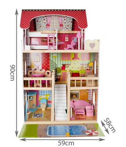 Houten Poppenhuis XXL – 90 cm, 3 Verdiepingen, Zwembad, LED-verlichting! - Kruzzel