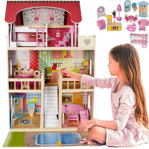 Houten Poppenhuis XXL – 90 cm, 3 Verdiepingen, Zwembad, LED-verlichting! - Kruzzel