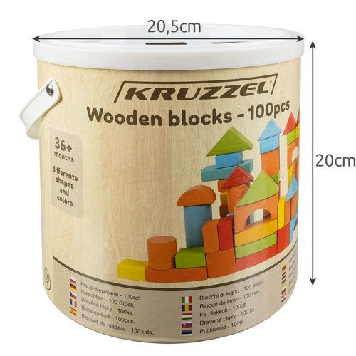 Houten Blokken Stad Set - 100 Kleurrijke Blokken met Emmer, Sorter & Tas voor Creatief Spel - Kruzzel