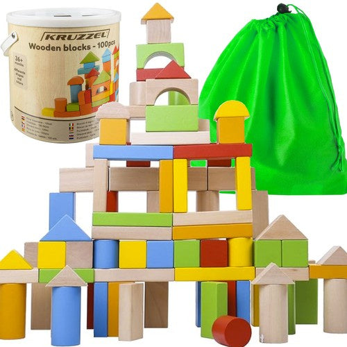 Houten Blokken Stad Set - 100 Kleurrijke Blokken met Emmer, Sorter & Tas voor Creatief Spel - Kruzzel