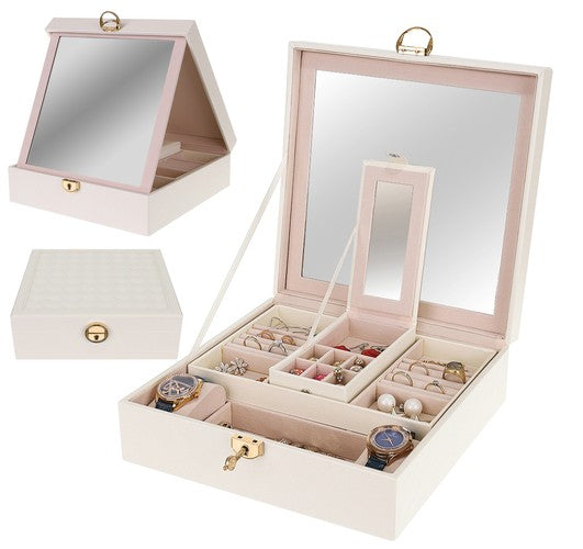 Beautylushh - Ruime Sieraden doos - beige - Inclusief spiegel